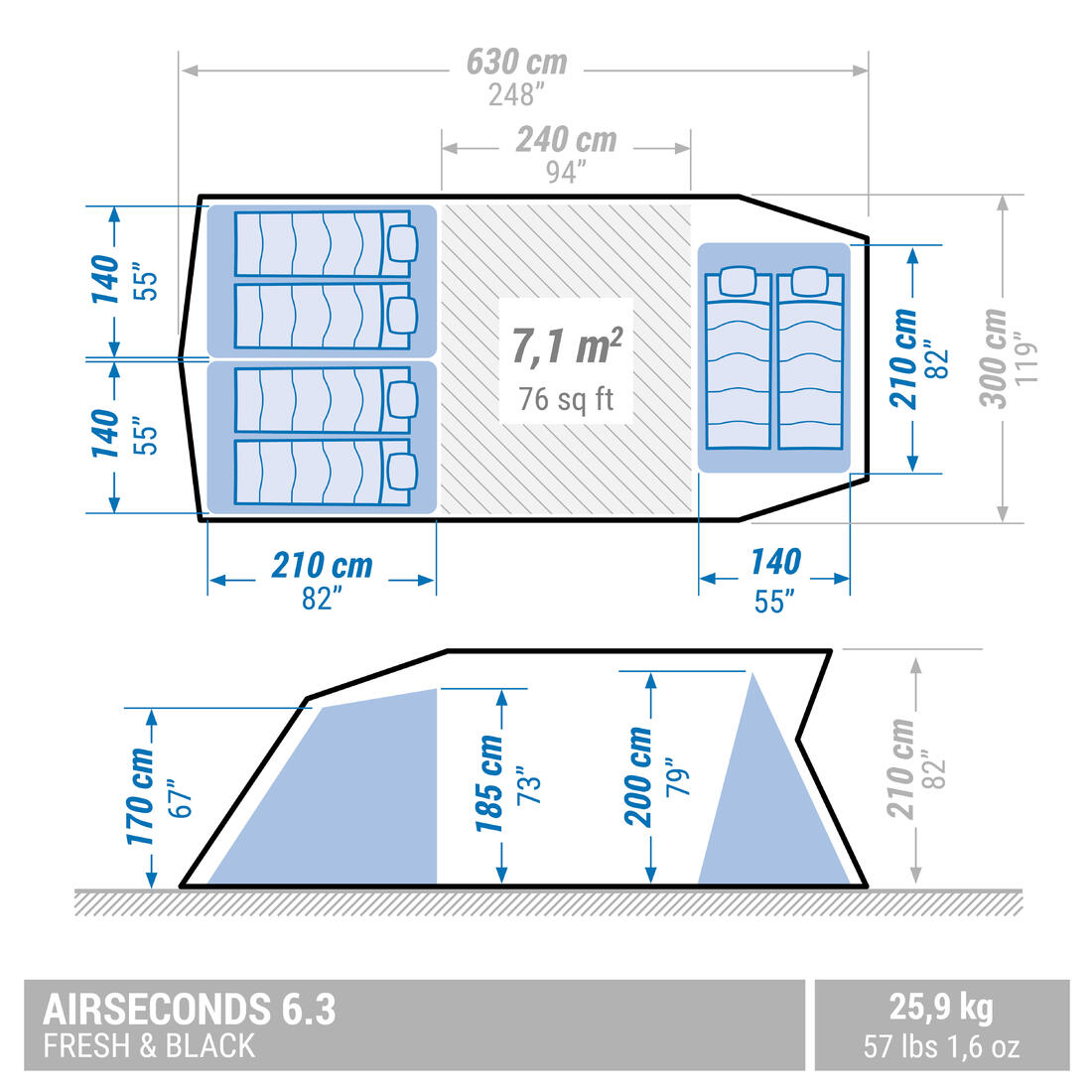 QUECHUA (ケシュア) キャンプ・ハイキング インフレータブル テント 3ルーム AIR SECONDS 6.3 F&B - 6人用