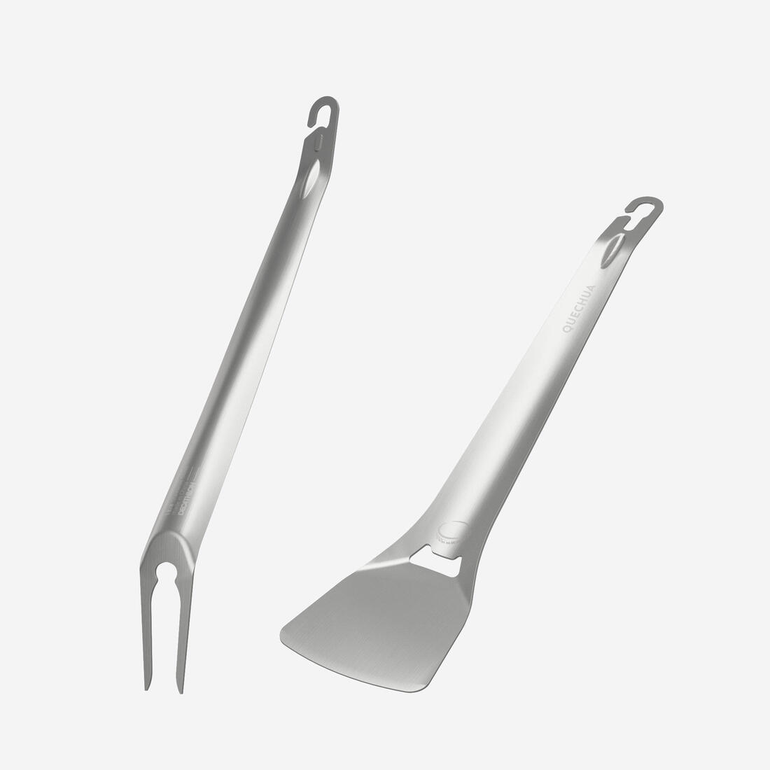 Set of 2 stainless-steel utensils, spatula and fork, for camping